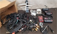 Box w/ Assorted Cables, Antenna, Auto Analyzer &