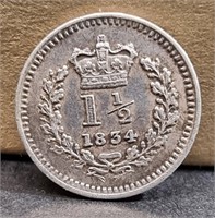 1834 BRITISH ONE AND A HALF PENCE SILVER COIN