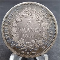 1849 FRENCH FIVE FRANCS SILVER COIN