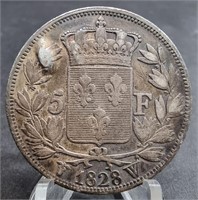 1828 FRENCH FIVE FRANCS SILVER COIN