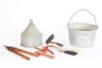 Vtg Galvanized Bucket, Funnel; Garden Hand Tools