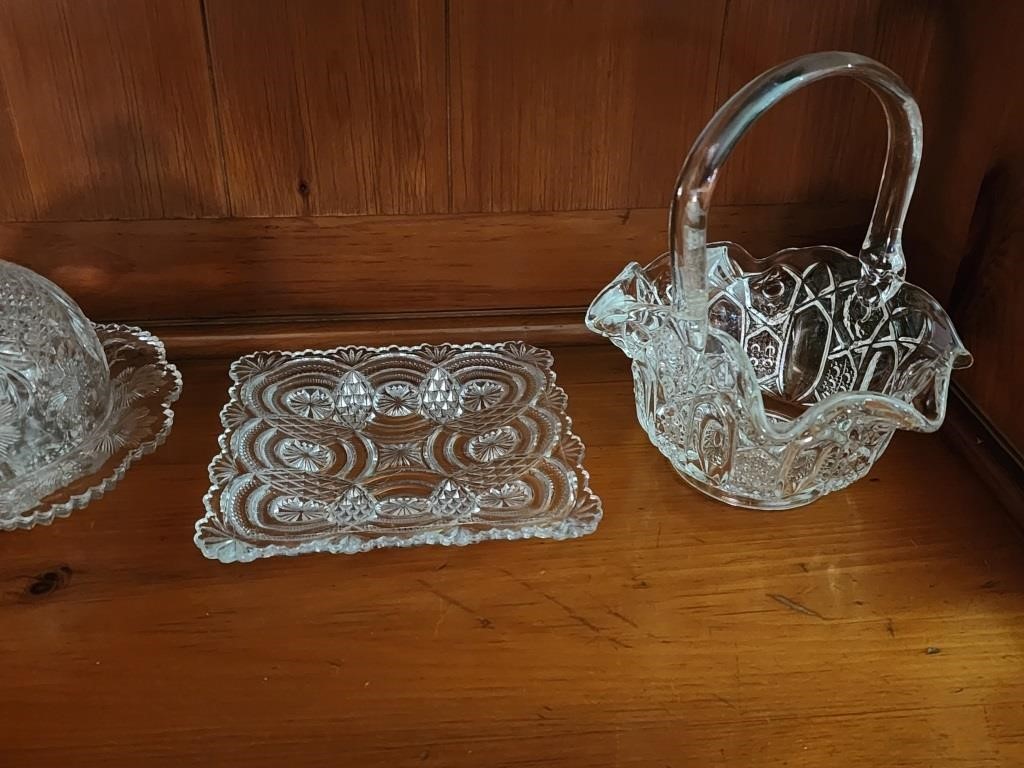 Vintage Clear Glass Basket, Covered Dish +