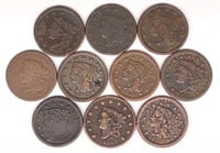 (10) Coronet Head & Braided Hair Large Cent Coins