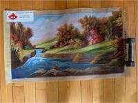 Vintage Petit Point Canvas. Lake Fishing Scene.
