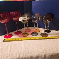 6 Vintage Colored Liqueur Glasses & 2 Red Glasses