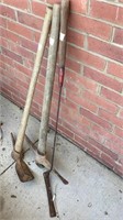 3 garden tools, 2 picks and swath cutter