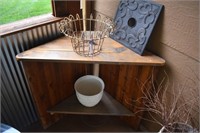 Wood Table W/ Flower Pot, Wire Basket, Metal Piece