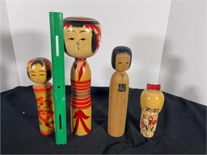 Four Vintage Kokeshi Handmade Wooden Dolls