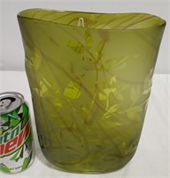 Green glass frosted w flower design vase