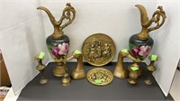 Pair of vintage floral ewar, brass duck bookends,