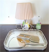 Cute vanity mirror, brush, and comb, tray,