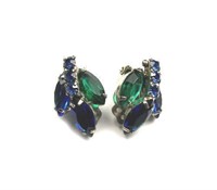 Vintage Emerald & Cobalt Blue Rhinestone Earrings