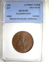 1792 1/2 Penny Token NNC MS66BR Devonshire-Exeter