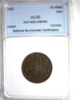 1835 1/4 Anna NNC AU50 India
