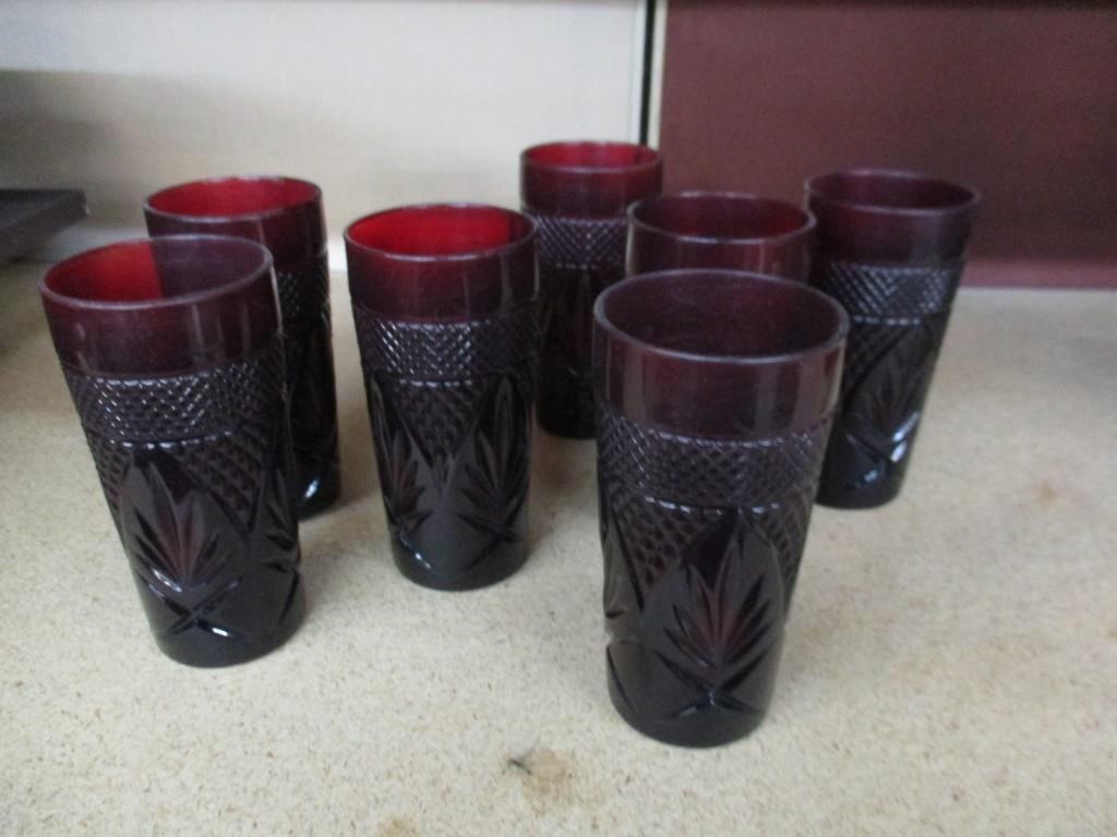 7- vintage Garnet  colored Glass tumblers