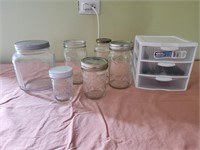 Assorted glass jars, and 3 drawer sterlite