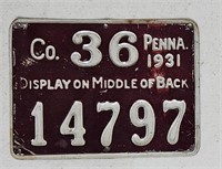 1931 Pennsylvania Metal Hunting Tag