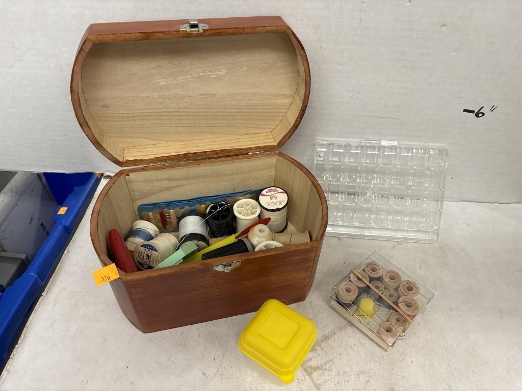 Wooden box w/ Sewing Items