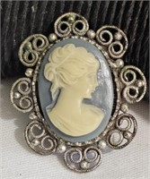 Antique Silver Filigree Blue & White Cameo Brooch