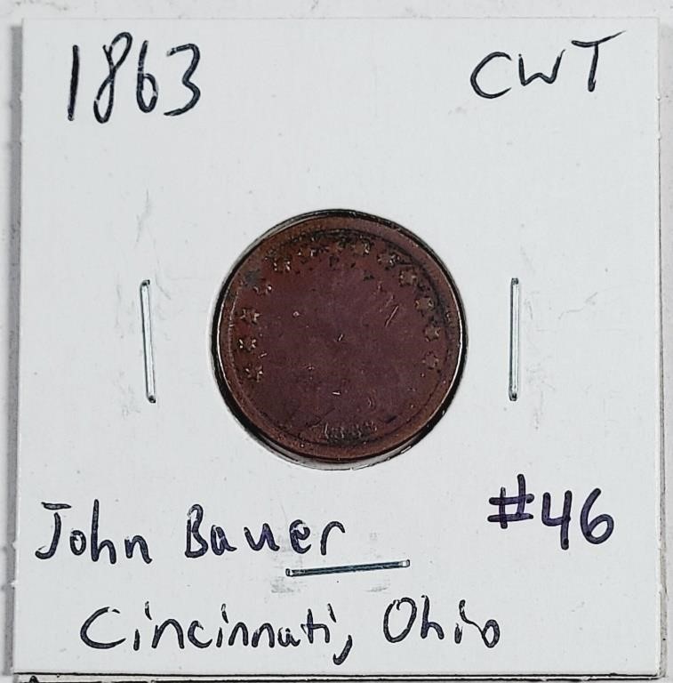 1863  Civil War Token  John Bauer Cincinnati