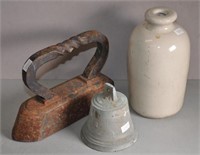Vintage flat iron, bell & pottery bottle