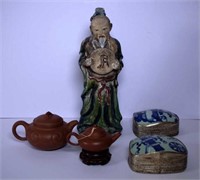 Two Yixing teapots, an archaic figure