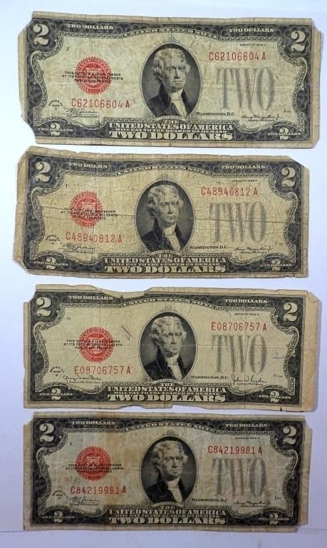 (4) 1928 $2 RED SEAL U.S. NOTES