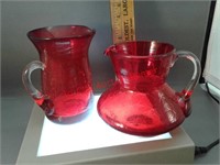 Two small red crackle glass Art Deco pictures