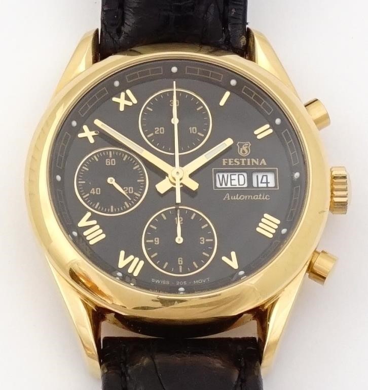 kant staal Ophef Festina chronograph, heavy 18K gold case | Jones and Horan Auction Team