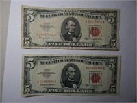 (2) 1963 Lincoln $5 Red Seal Notes