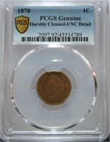 1870 Indian cent PCGS unc detail harshly cleaned