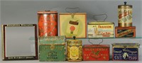 EIGHT ADVERTISING TINS & A EARLY CIGAR BOX