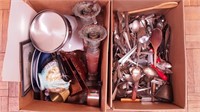 Two boxes including pair of lamps, flatware