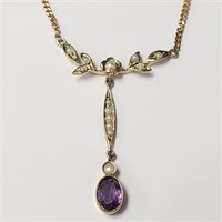 $4000 14K  Amethyst And Pearl 16" 4.85G Necklace
