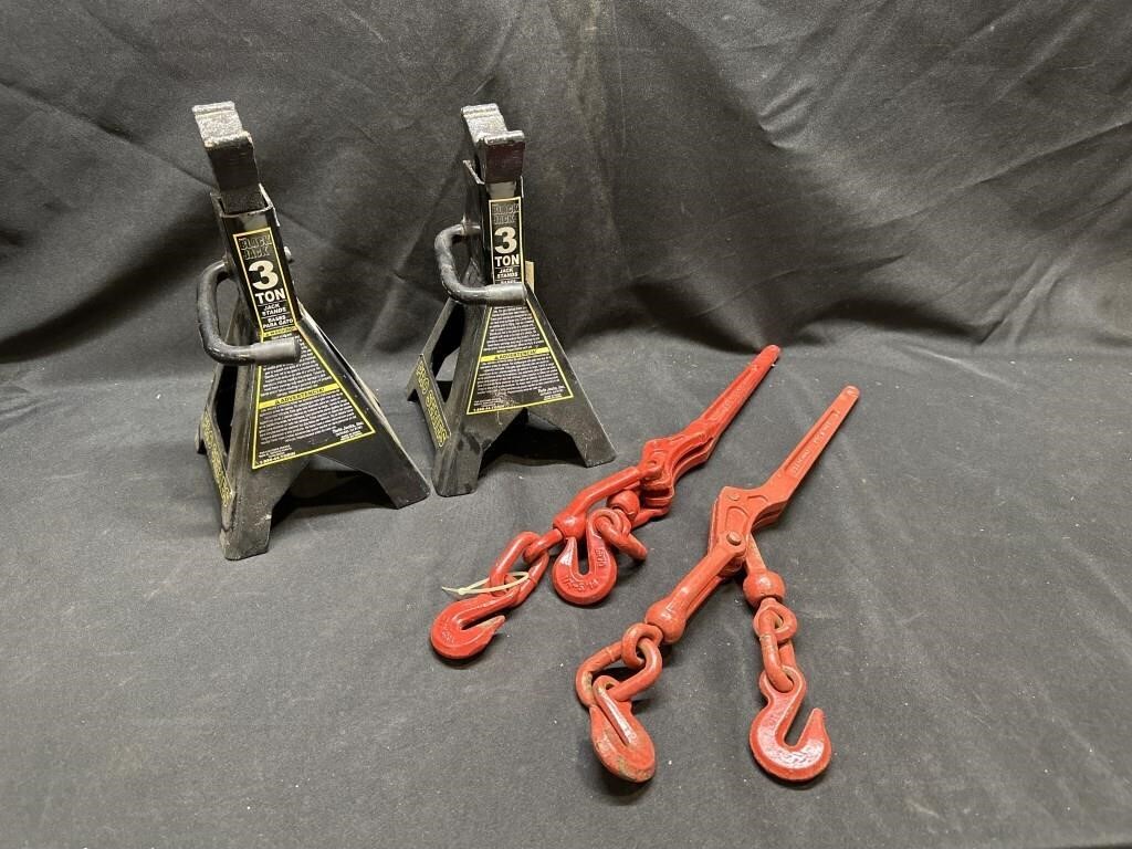 3 TON JACK STANDS, 1/4-5/16 LOAD BINDER W/ 2 HOOKS