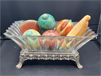 Vintage marble fruit & 2pc glass bowl