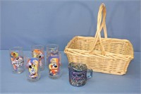 Decorative Basket w/ 5 Disney Glasses