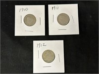 3 U.S. V Nickels - 1910, 1911 & 1912