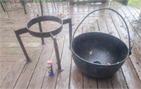 Old 30 gal cast-iron kettle with bail missing one