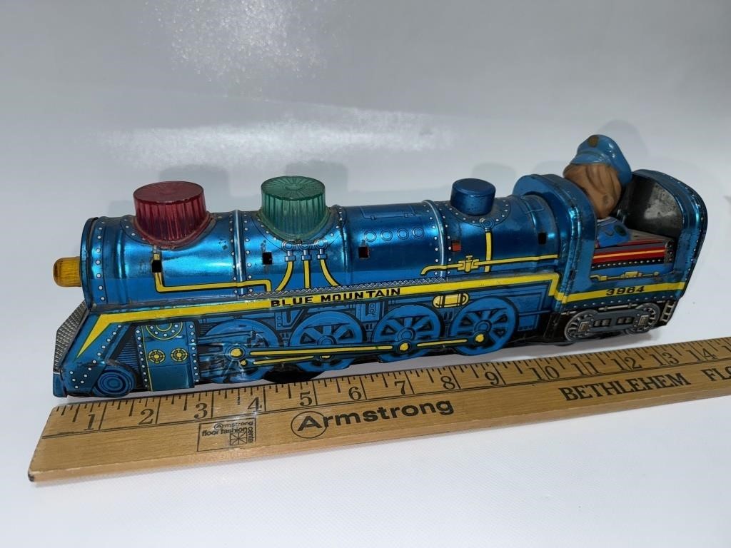 Vintage Blue Mnt Battery Operated Tin Toy Train