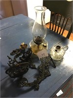 2 oil lamps w cast iron wall mount complete