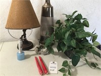 Lamp w/ shade; vase; greenery arrangement;