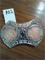 Belt buckle w TWO US Peace silver dollars