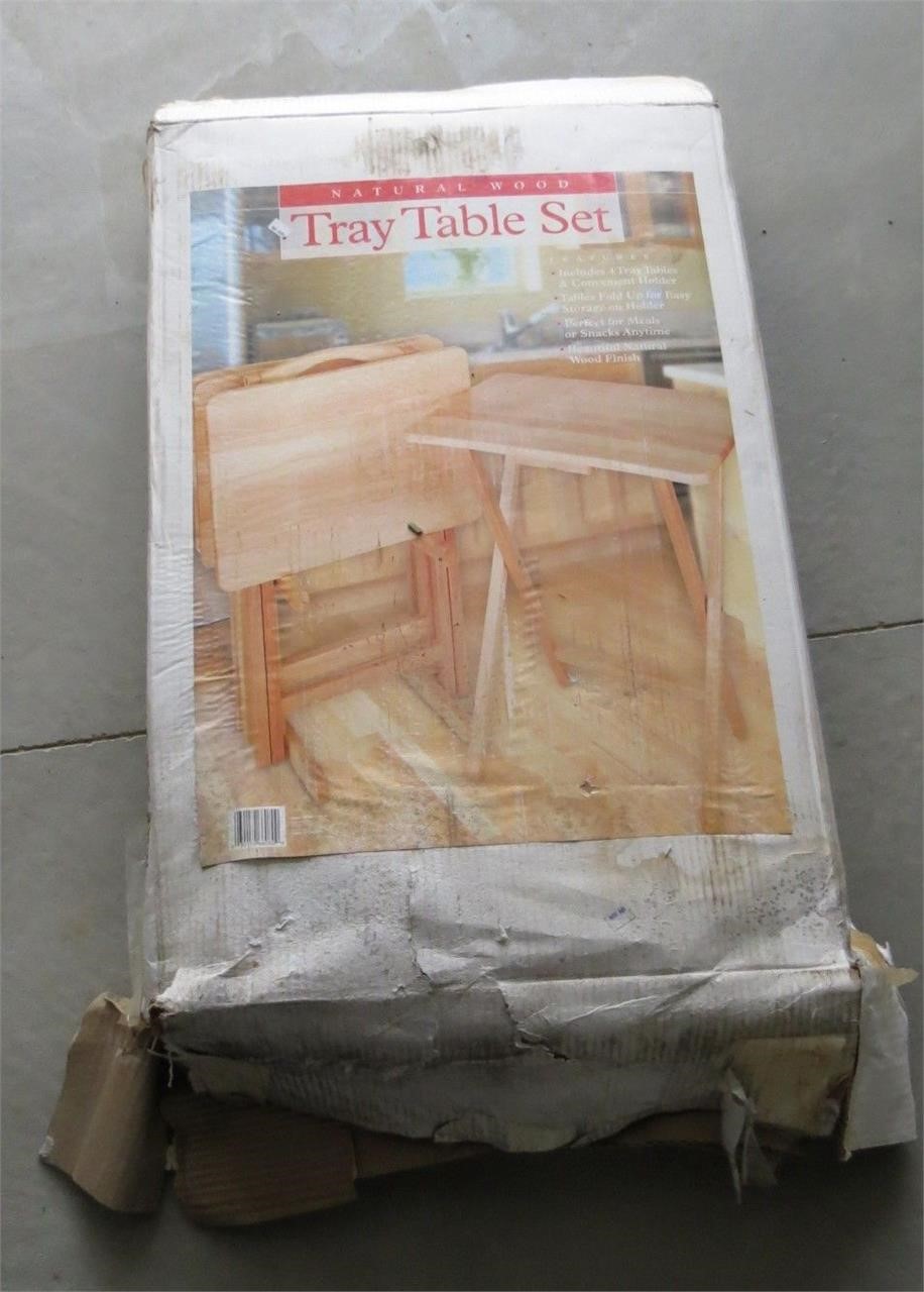 4 TRAY TABLE SET- NATURAL WOOD
