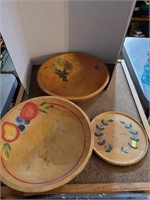 Vtg Large Wood Bowls Painted Design & Deco Sign