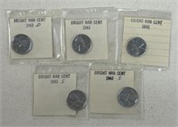 (5) 1943 BRIGHT WAR WHEAT PENNIES