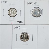1944-D, 1944-S & 1945  Mercury Dimes  AU-Unc