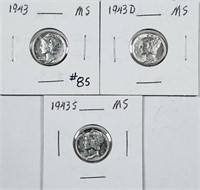 1943 P-D-S  Mercury Dimes   AU-Unc