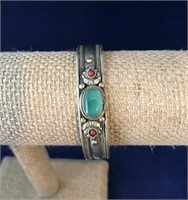 Handmade Sterling Green Onyx/Coral Cuff Bracelet