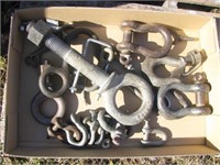 Box full of various size clevis pins, hook, eye
